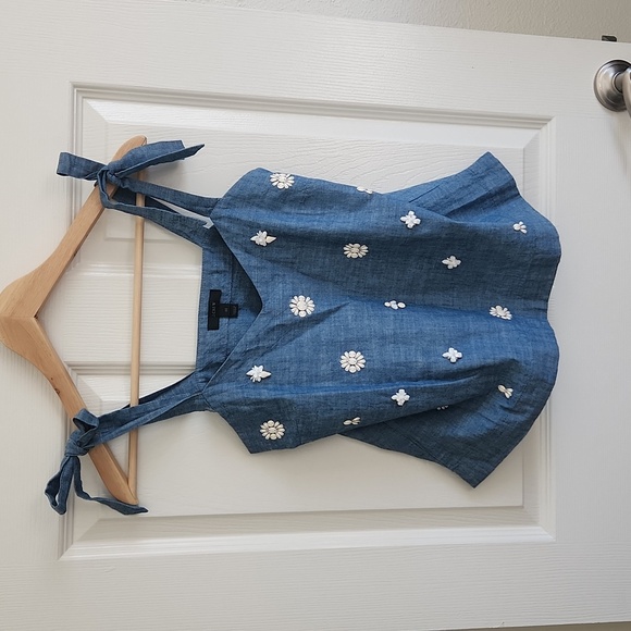 J Crew Sequin Flower Denim Beaded Tie Bows Tank Size 00 - Picture 3 of 8